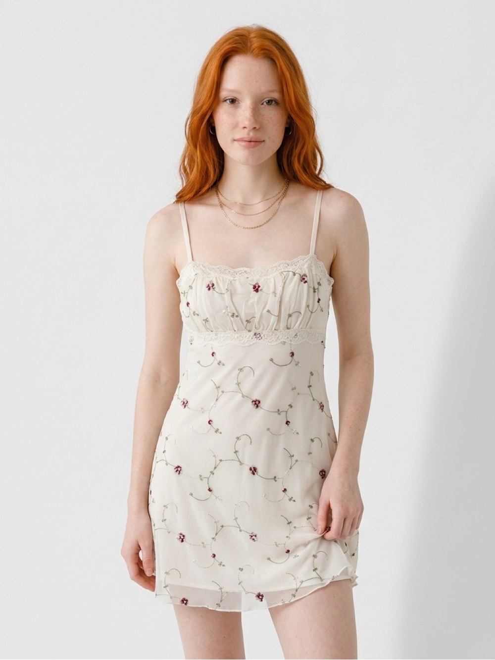 Ivory Floral-Embroidered Mini Slip Dress